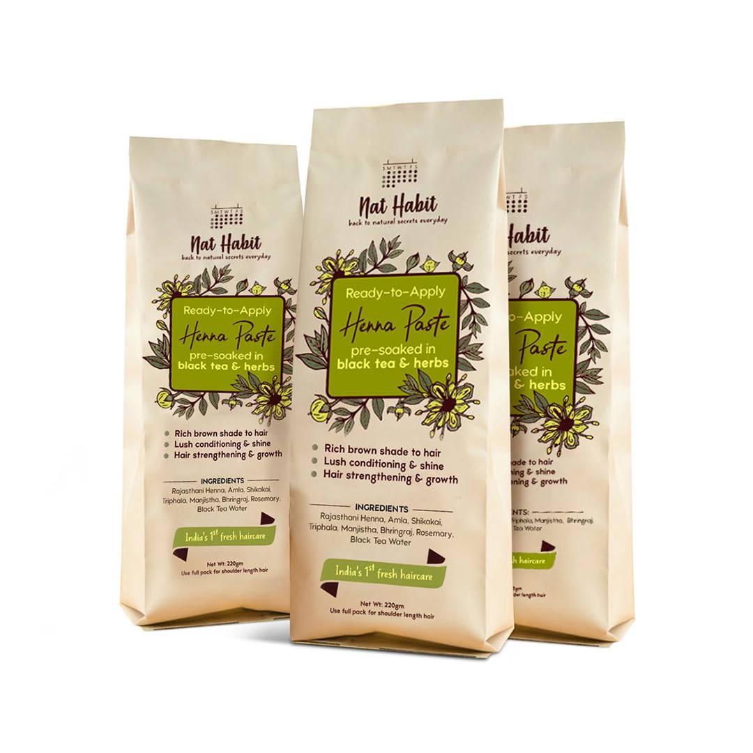 Fresh Henna Paste with Black Tea & Herbs, Rich Brown, 3x220g