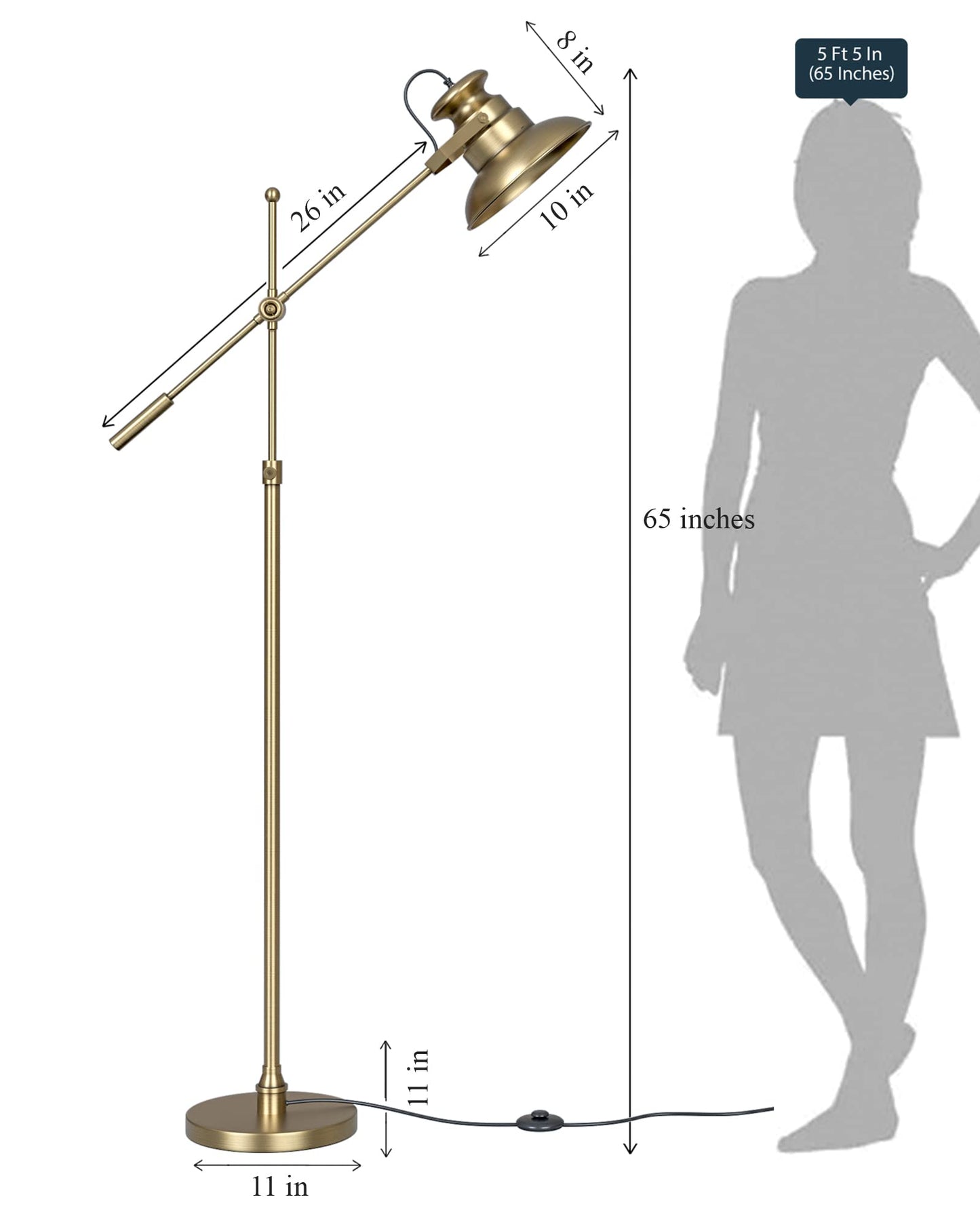 LED Floor Lamp with Adjustable Height and Rotatable Arm in Brass Antique Finish