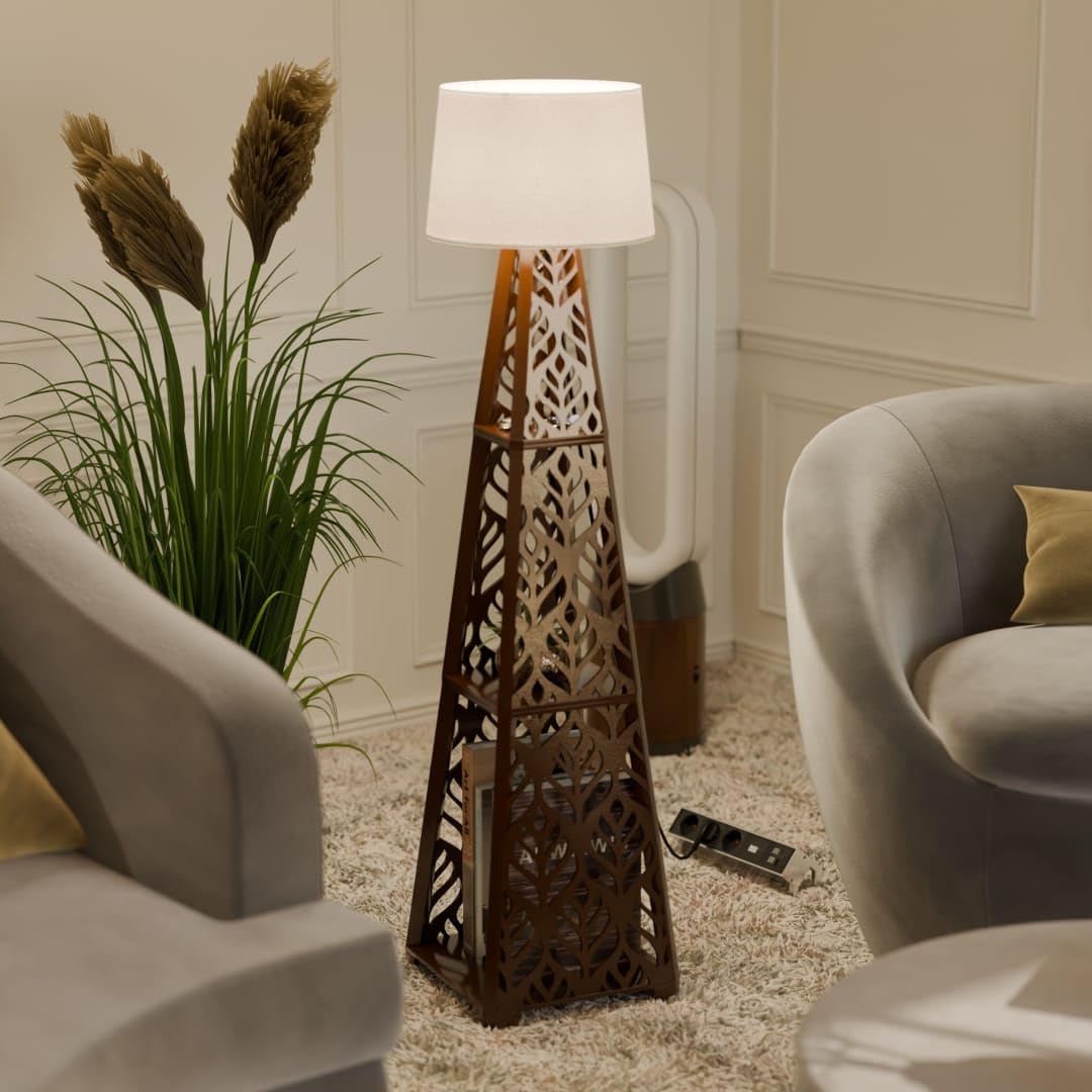 LED Floor Lamp with Shelves - Brown Wood - Modern Design - 3 Shelves - 150 cm