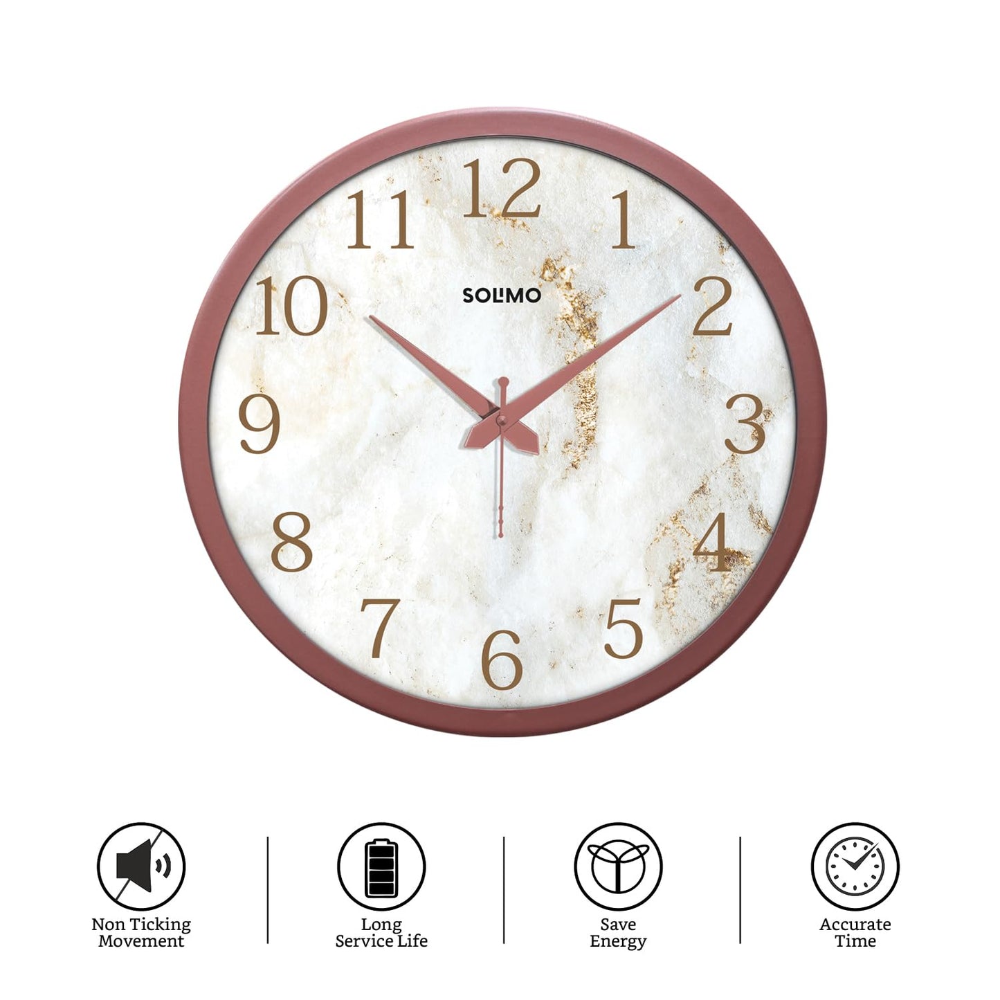 12-Inch Marble Dial Plastic Analog Wall Clock with Silent Movement - Copper Frame
