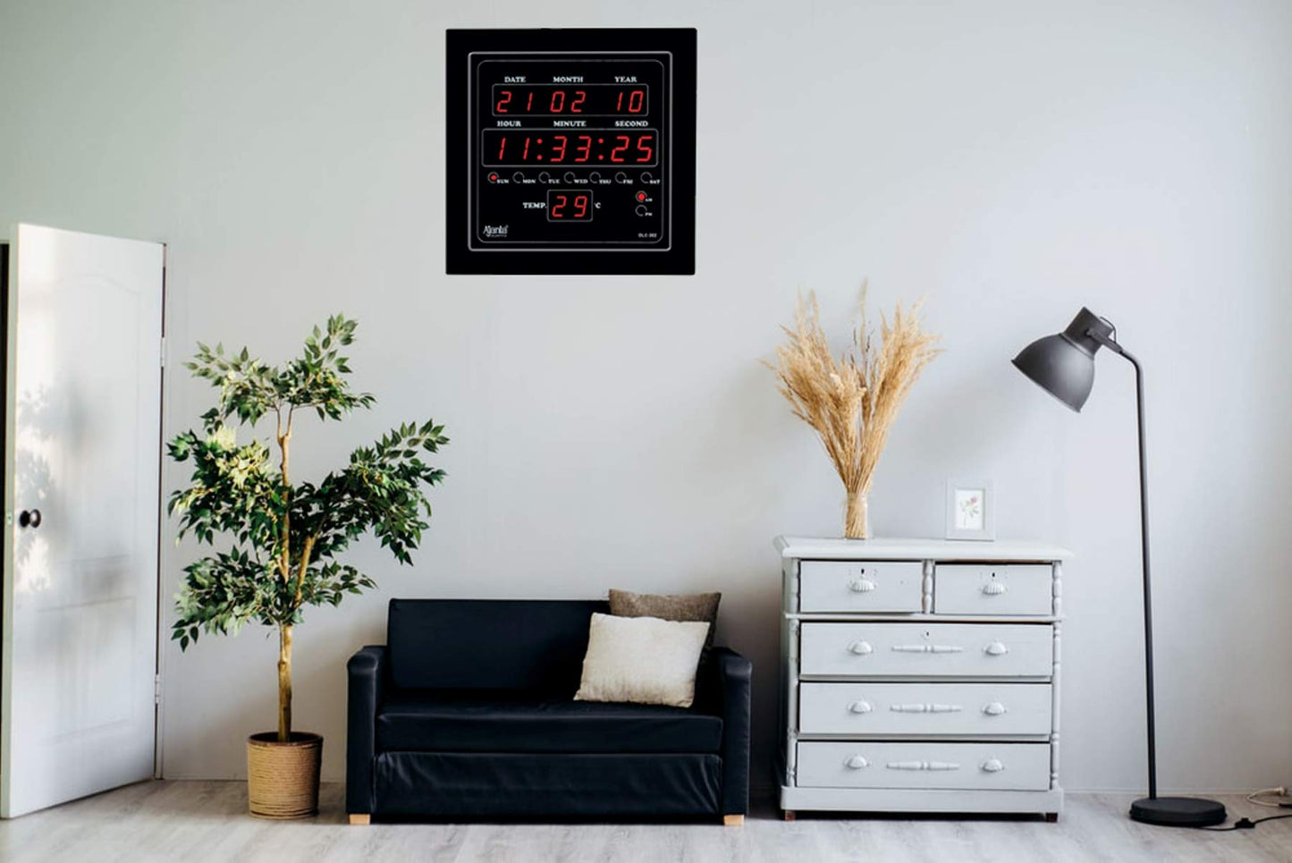 Digital Square Wall Clock with Red LED Display - Black - 25.4 cm