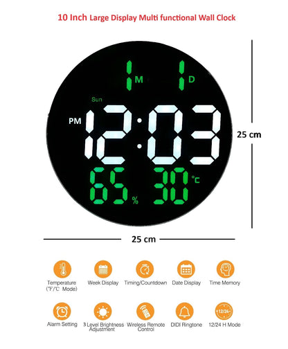 Digital Wall Clock with Remote Control, 10 Inch LED Display, Green, Temperature, Humidity, Alarm