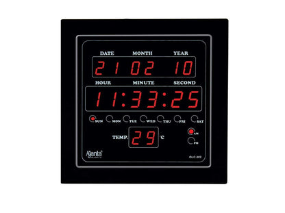 Digital Square Wall Clock with Red LED Display - Black - 25.4 cm