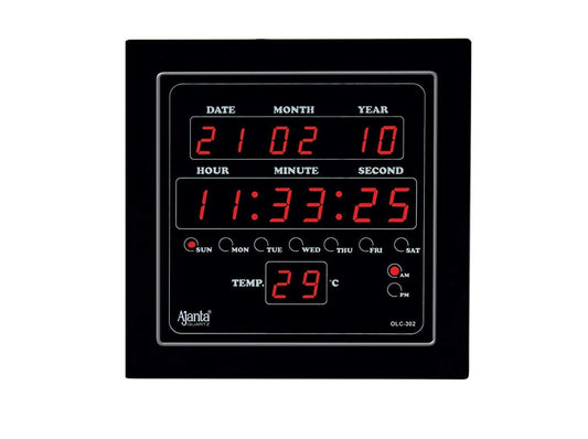 Digital Square Wall Clock with Red LED Display - Black - 25.4 cm
