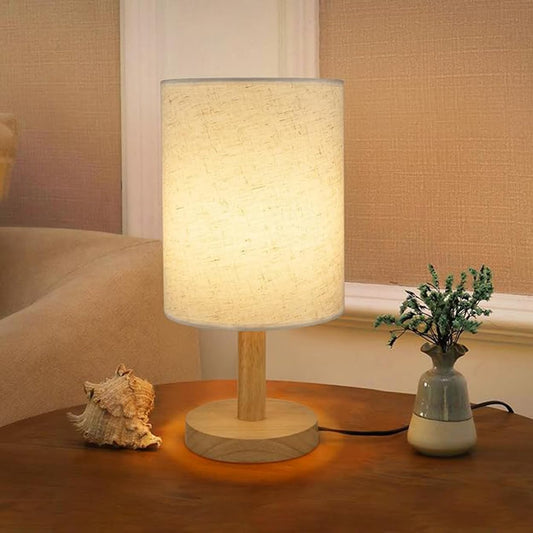 Table Lamp with Linen Shade and Wooden Base - 11.7 Inch - LED Desk Light for Bedroom, Living Room, Office
