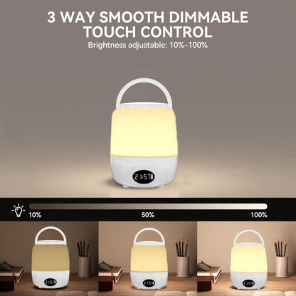 LED Touch Table Lamp with Clock, Dimmable Warm White & RGB, Modern Design, White Shade