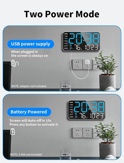 9-Inch LED Digital Wall Clock with Date, Temperature, Dual Alarms, Voice Control, USB Powered