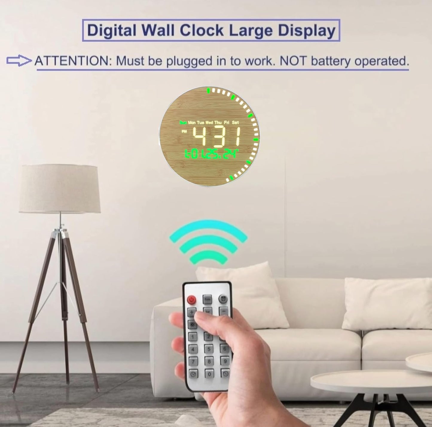 10-Inch LED Digital Wall Clock with Remote Control, Bamboo Style, White