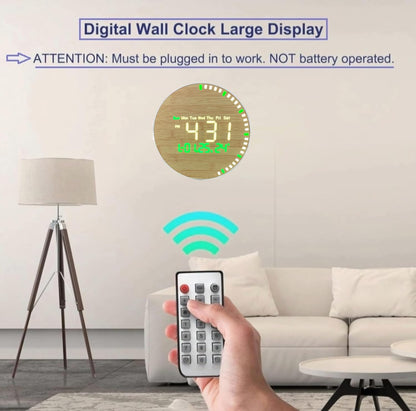 10-Inch LED Digital Wall Clock with Remote Control, Bamboo Style, White