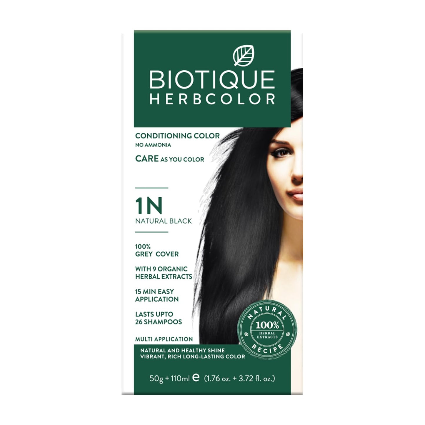 Ammonia-Free Herbal Hair Color, Natural Black 1N, 50g+110ml