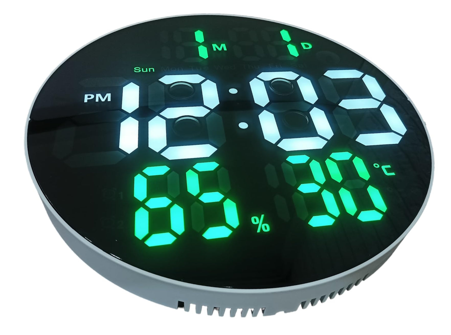 Digital Wall Clock with Remote Control, 10 Inch LED Display, Green, Temperature, Humidity, Alarm