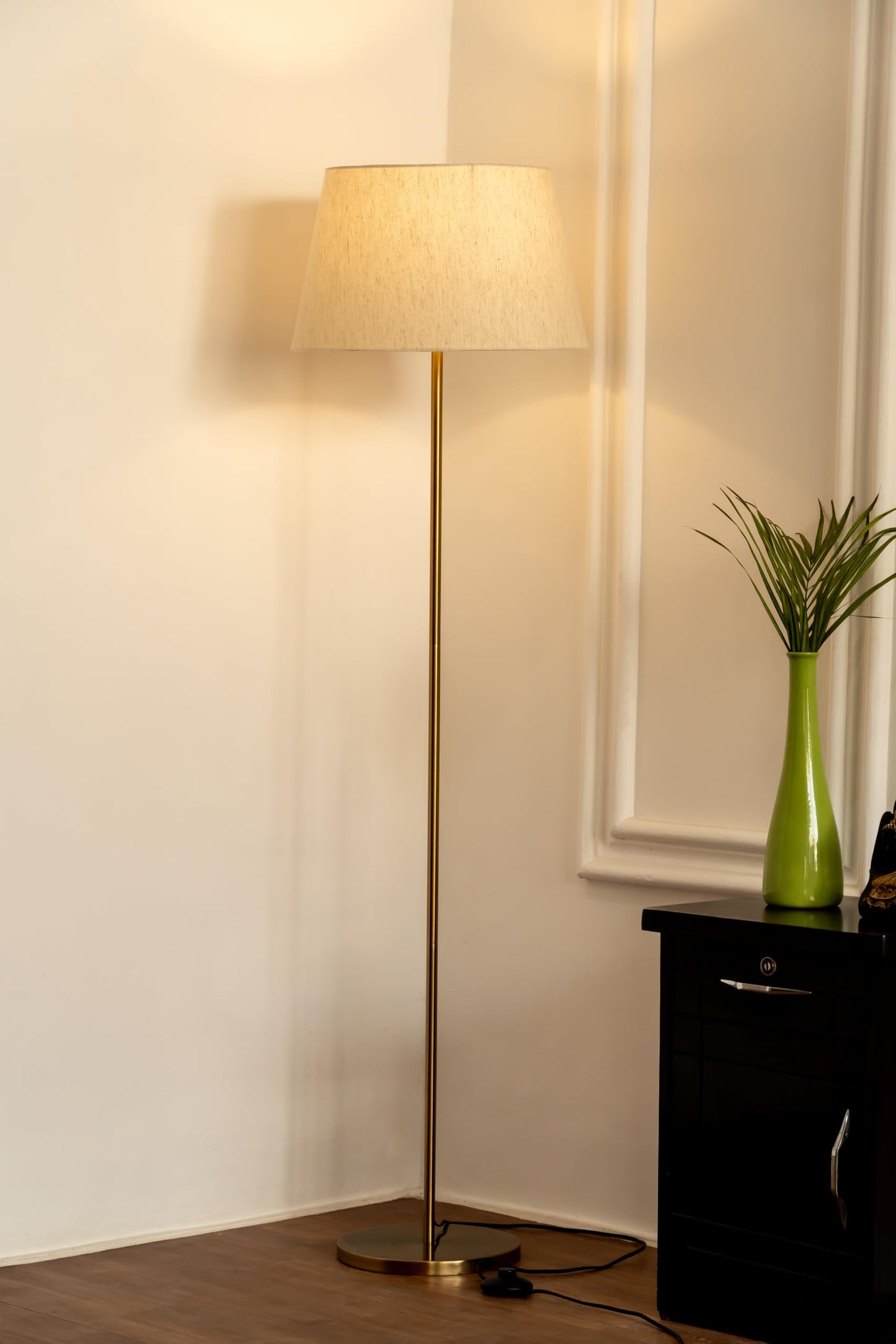 LED Floor Lamp with Antique Brass Finish, 5Ft Height, Off White Lampshade