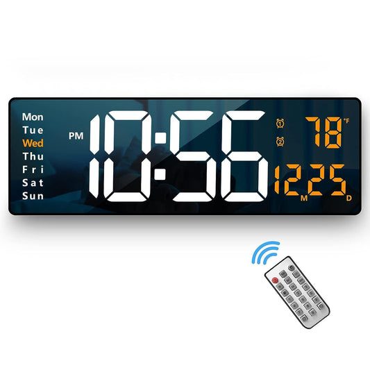 Digital Alarm Wall Clock with Remote Control, 16.2 Inch LED Display, Electric Powered