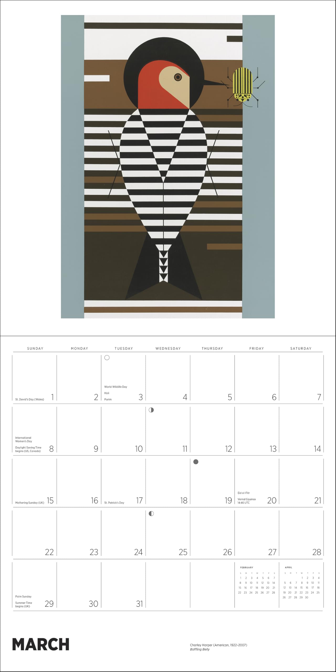 Wall Calendar 2026, Charley Harper Art, 12 Months, Large Grid Design Featuring 12 Artworks