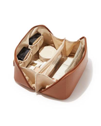 Large Brown Travel Makeup Bag - Waterproof, Portable, Organizer