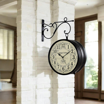 Vintage Hand-Crafted Double-Sided Wall Clock - 8 Inch Black Metal with English and Roman Numbers