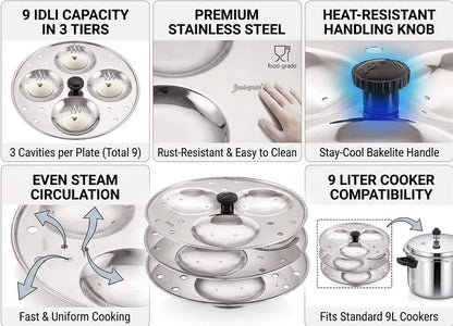 Dynore Stainless Steel Idli Stand Idli Maker 3 x 3 Plates (9 Idli), 9 liter, Silver