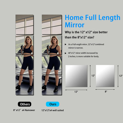 Frameless Glass Mirror Tiles - Set of 4, 12" x 12", High-Definition, Wall-Mounted, White