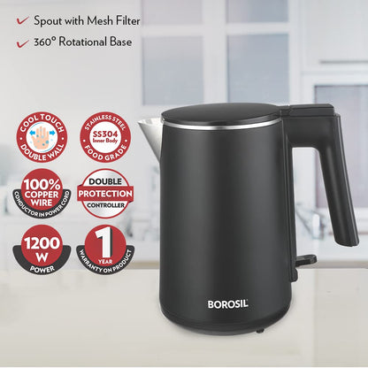 Borosil 1 L 1200W Stainless Steel Cool touch Electric Kettle