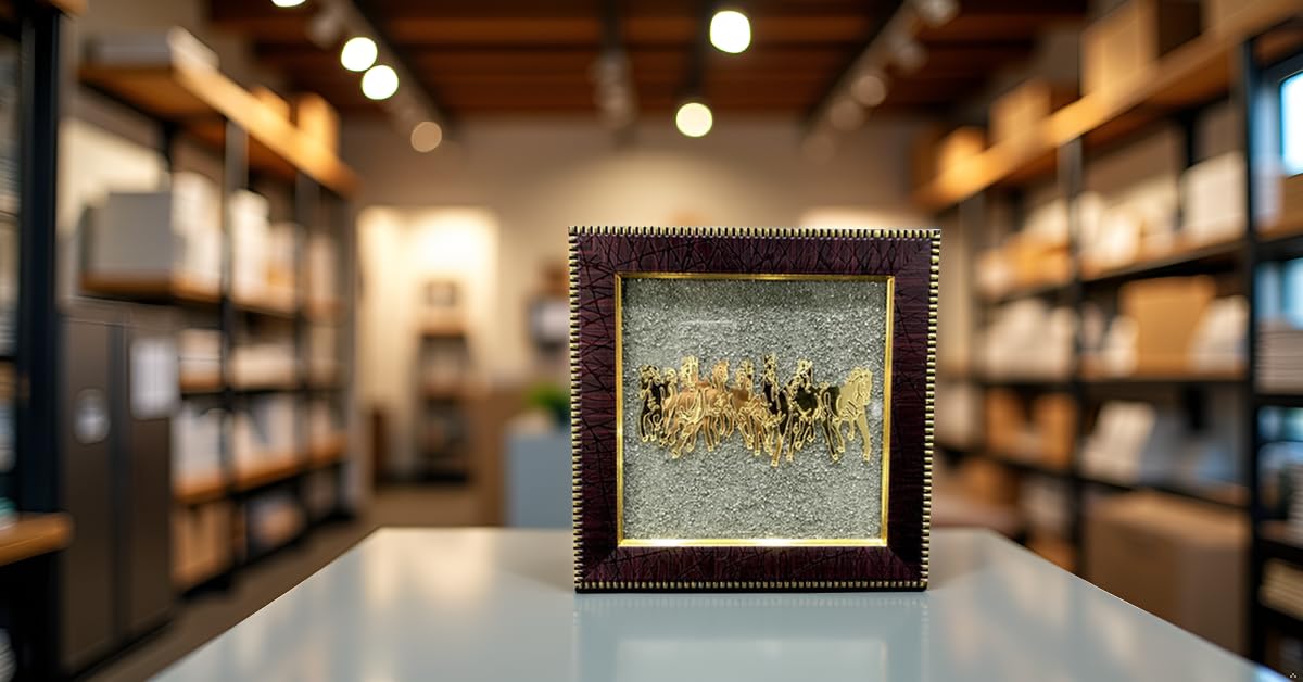 Wall Painting Seven Running Horses Artwork Gold-Plated Pyrite Dust Frame 30x30 cm