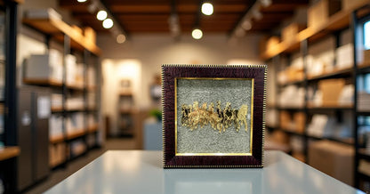 Wall Painting Seven Running Horses Artwork Gold-Plated Pyrite Dust Frame 30x30 cm