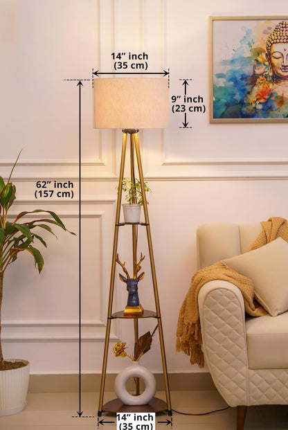 Floor Lamp with Three Shelves, Brass Antique Finish, 5Ft Height, Off White Drum Shade, LED Bulb Included