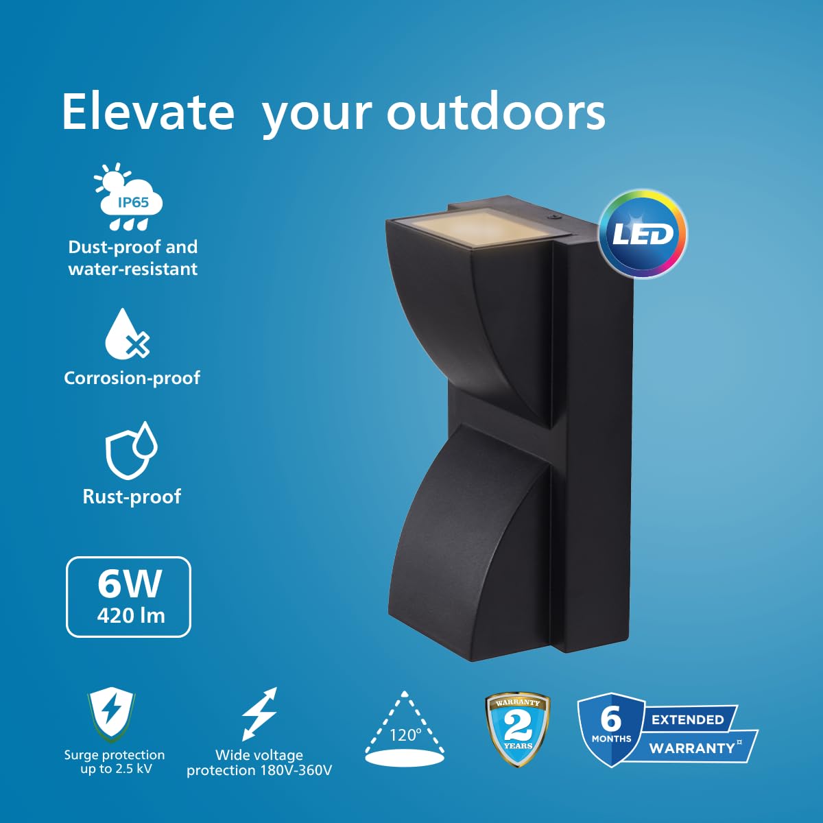 2-Way Decorative Wall Light | Black | Polycarbonate | IP65 Waterproof | 6W | Warm White