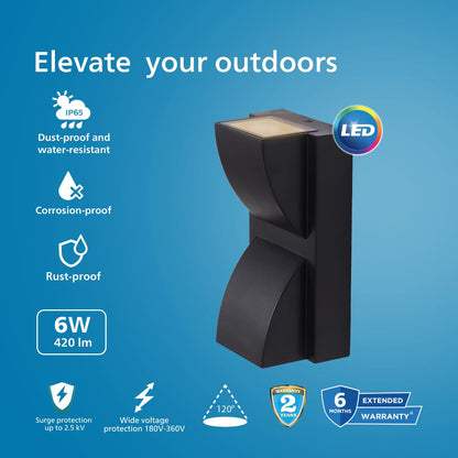 2-Way Decorative Wall Light | Black | Polycarbonate | IP65 Waterproof | 6W | Warm White