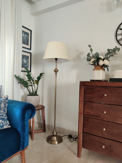 LED Floor Lamp Antique Brass Finish 5Ft Height with Cream Lampshade