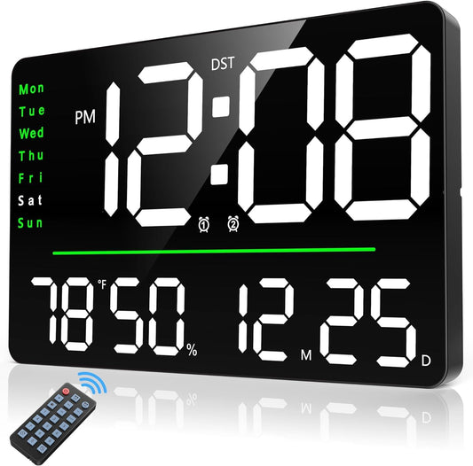 Digital Alarm Wall Clock 16 Inch with Remote Control, Dual Alarms, Temperature & Humidity Display