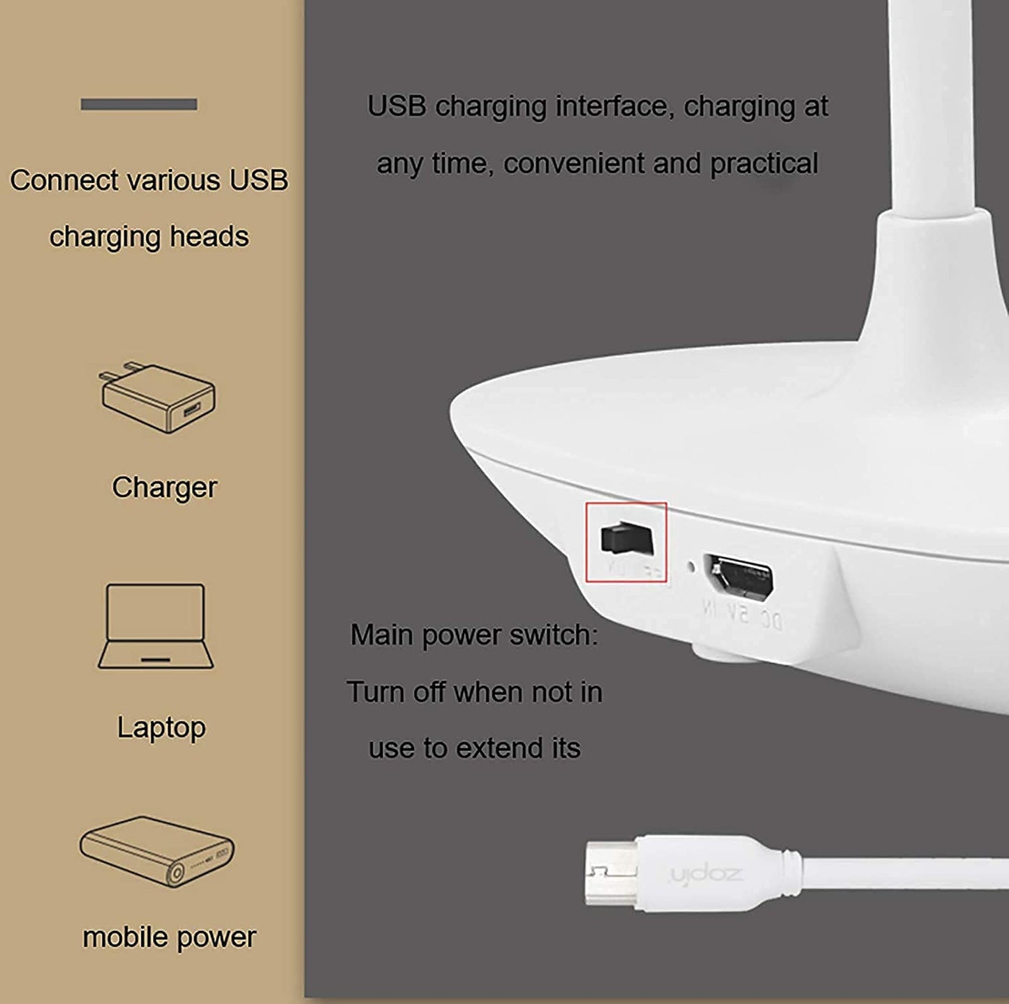 Rechargeable LED Desk Lamp with Touch Control and Adjustable Brightness - 8W, 2000mAh Battery, Gooseneck Design