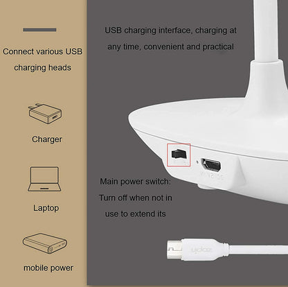 Rechargeable LED Desk Lamp with Touch Control and Adjustable Brightness - 8W, 2000mAh Battery, Gooseneck Design