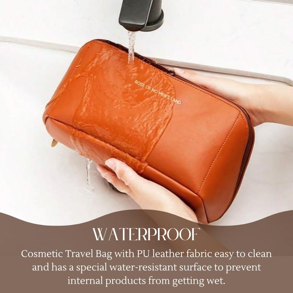 Large Brown Travel Cosmetic Bag with Handle, Divider, 10cm