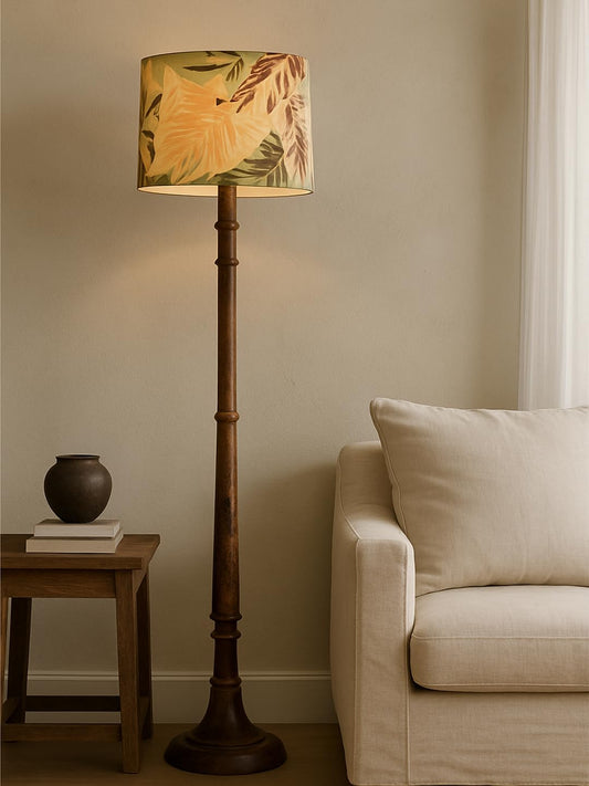 Floor Lamp with Multicolor Fabric Shade, Rustic Walnut Brown Wood, 138 cm Tall