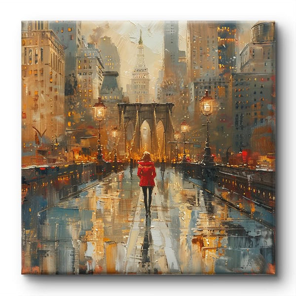 Canvas Painting - Woman in Red on Rainy Bridge - Modern Cityscape - Wooden Framed - Square Panel