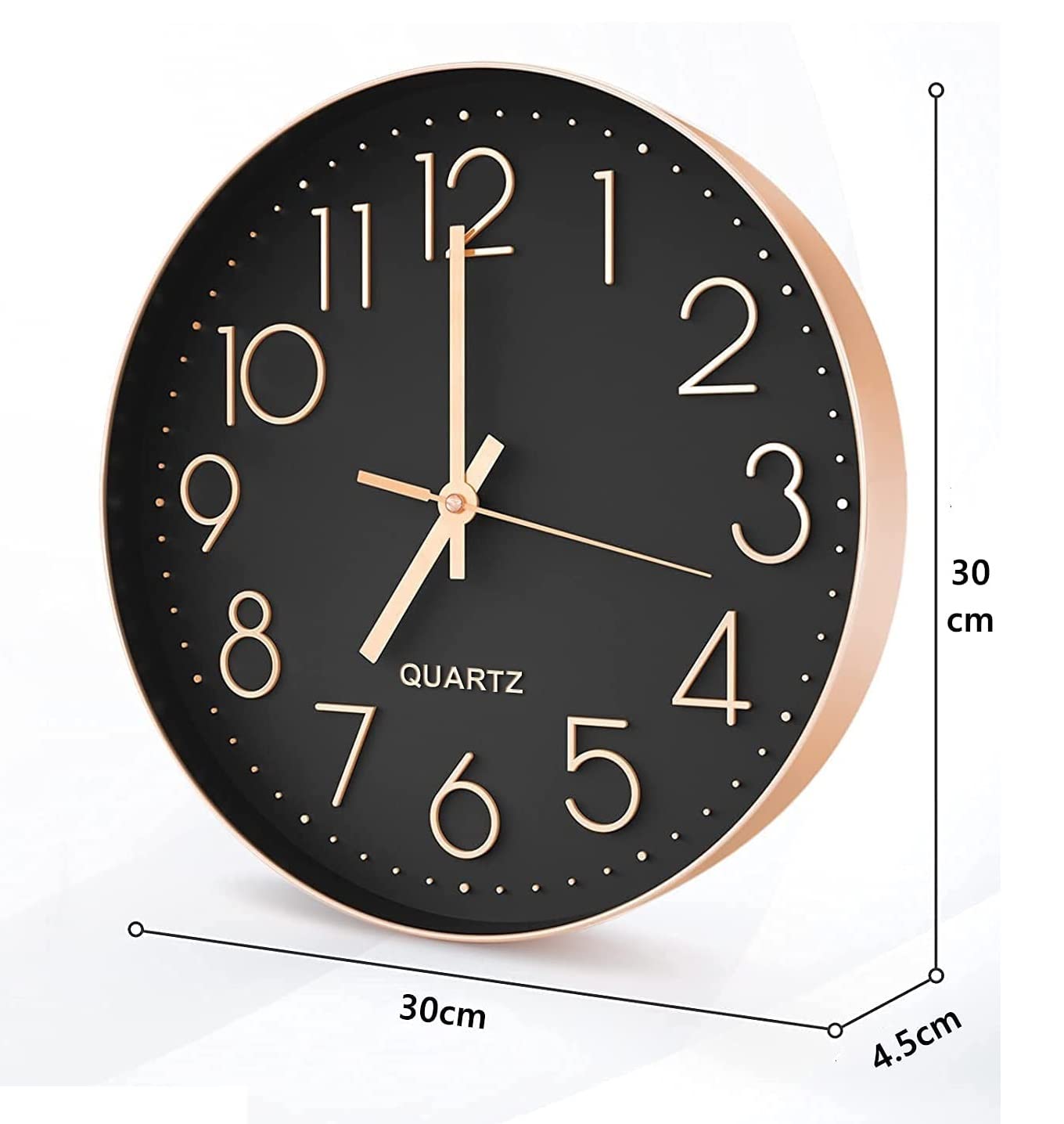 12 Inch Silent Analog Wall Clock in Black and Rose Gold - Modern Plastic Design