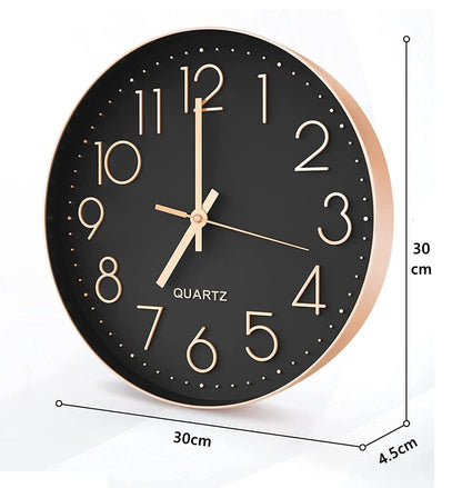 12 Inch Silent Analog Wall Clock in Black and Rose Gold - Modern Plastic Design