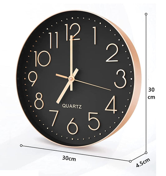 12 Inch Silent Analog Wall Clock in Black and Rose Gold - Modern Plastic Design
