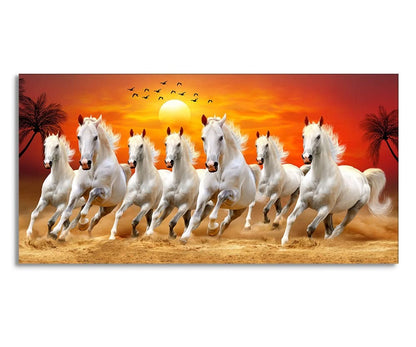 Canvas Wall Painting Seven Running Horses at Sunrise with Wooden Frame 48x24 inches
