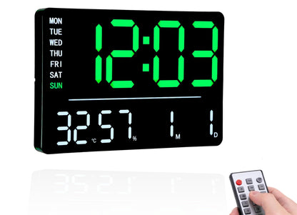 Digital Wall Clock with Remote Control, 33 x 22 x 3 cm, Automatic Brightness, Dual Alarm, Battery Backup