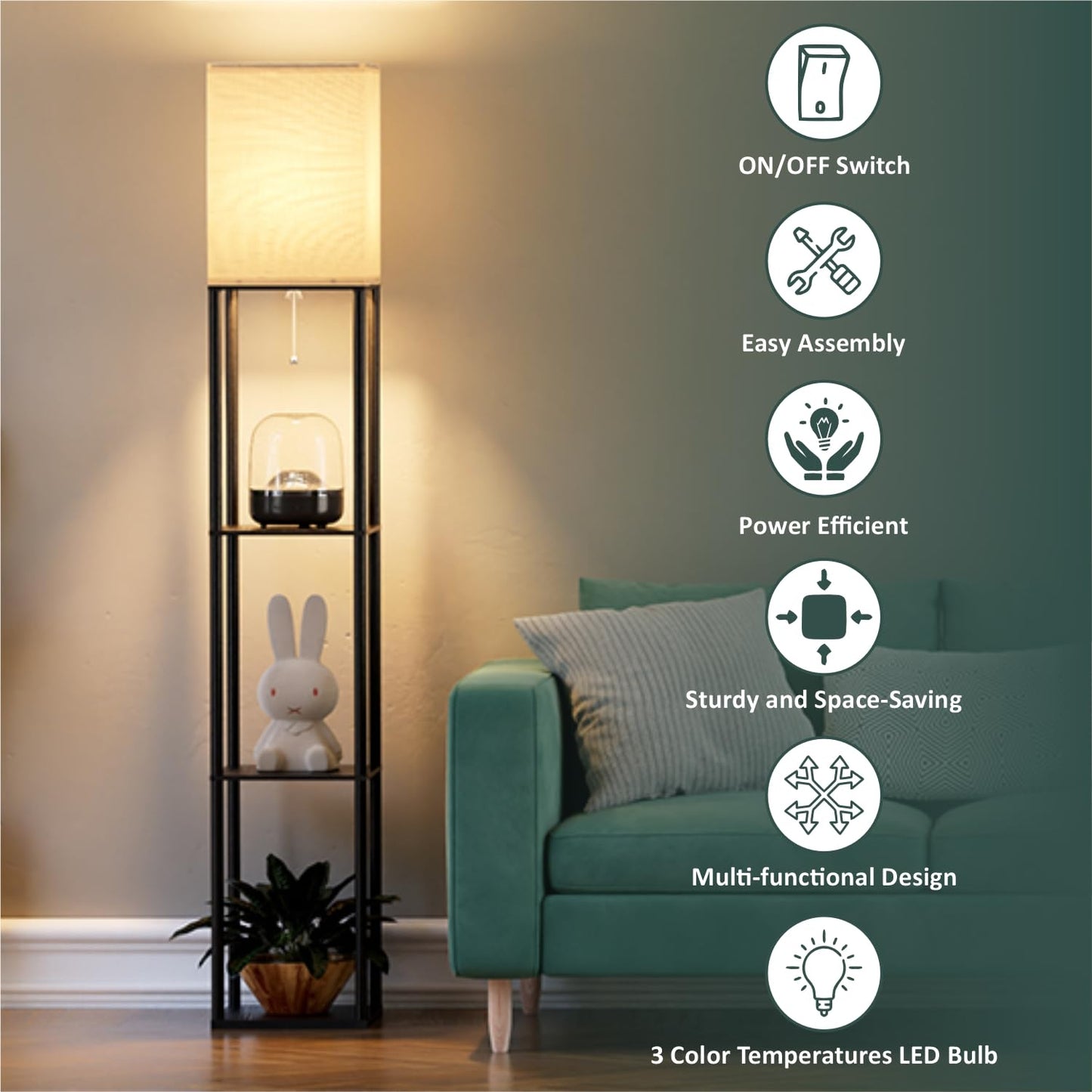 4-Tier Floor Lamp with Adjustable LED Lighting, Metal & Wooden Shelves, 173 cm Tall, Black