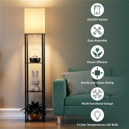 4-Tier Floor Lamp with Adjustable LED Lighting, Metal & Wooden Shelves, 173 cm Tall, Black