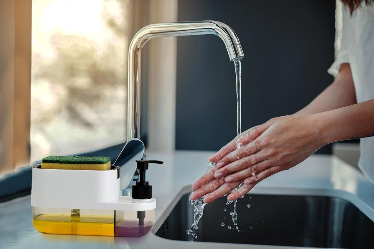 3-in-1 Soap Dispenser with Sponge Holder - Plastic - Multi-Color - 19.5 cm x 10.25 cm x 9 cm