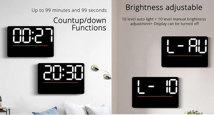 Digital Wall Clock with Remote Control, 33 x 22 x 3 cm, Multi-Color Display, Dual Alarms, Automatic Brightness