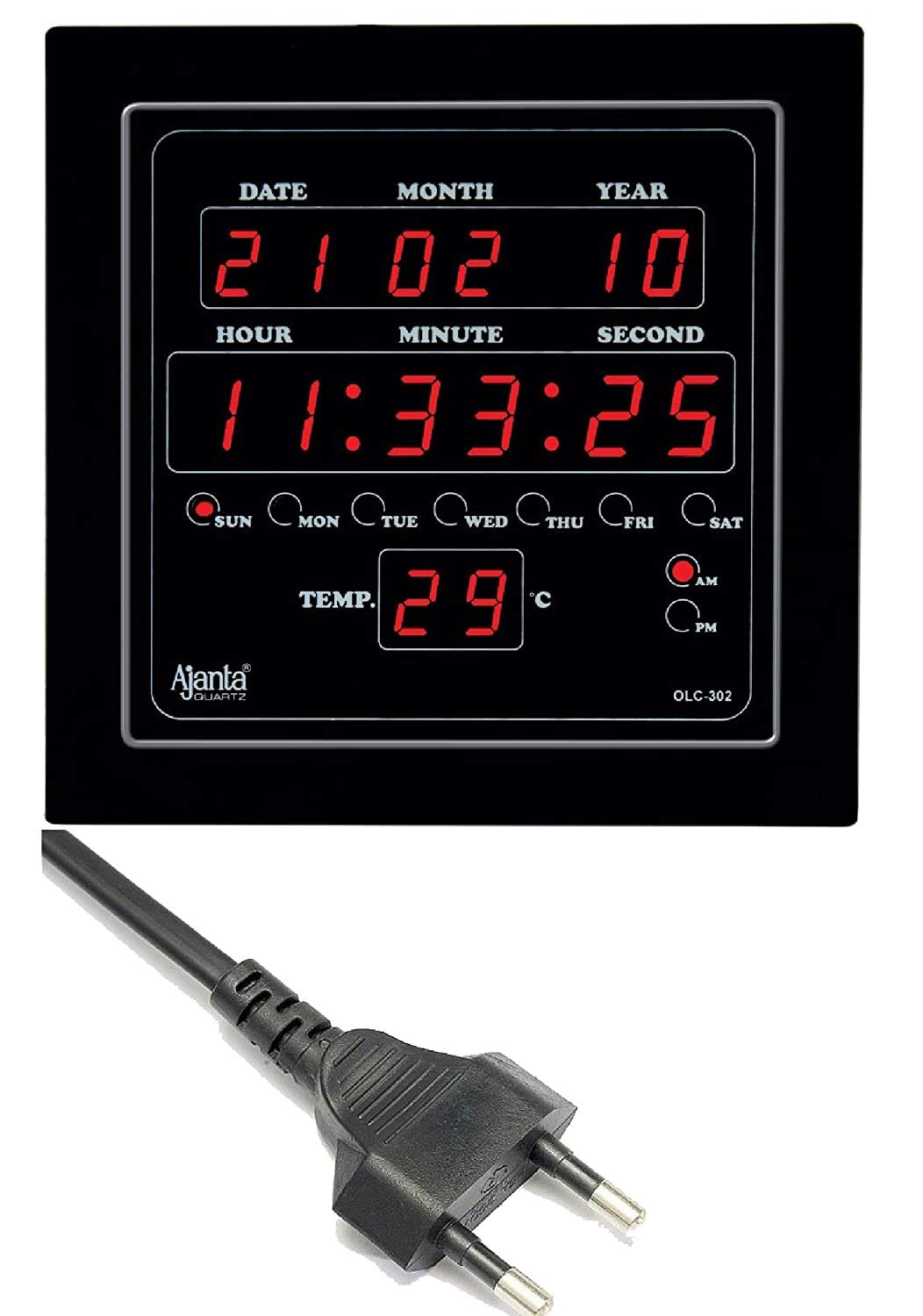 Digital Square Wall Clock with Red LED Display - Black - 25.4 cm