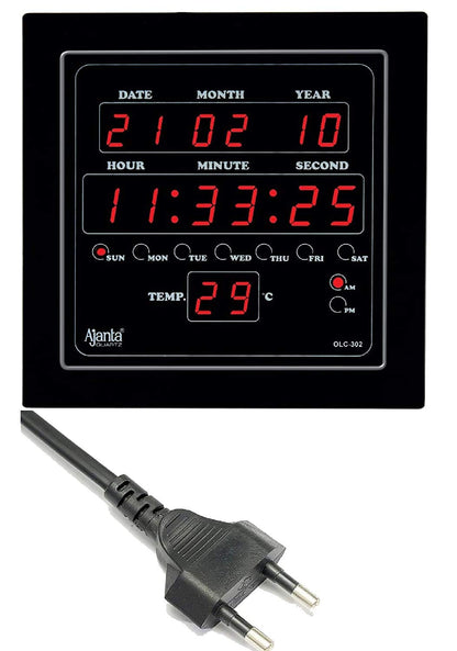 Digital Square Wall Clock with Red LED Display - Black - 25.4 cm