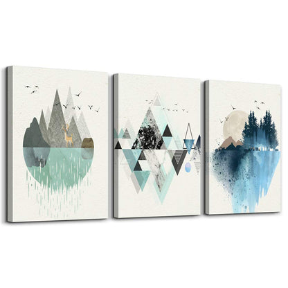 Abstract Geometry Mountain Canvas Painting Set - 3 Panels, 16x24 Inch (40x60 cm), Modern Wall Art