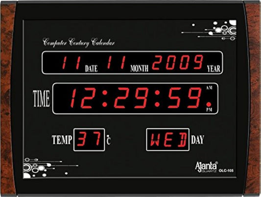 Digital Wall Clock with Red LED Display, 39.6 cm x 29.6 cm, Black Plastic