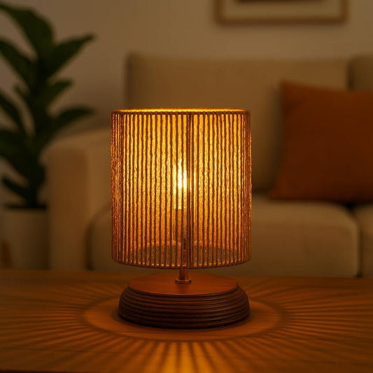 Table Lamp Boho Raffia Shade Wooden Base 21.5 x 12.9 cm Brown