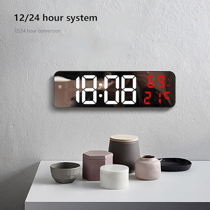Digital Wall Clock with Temperature and Humidity Display, 9 Inch, Black, Battery or Electric Power